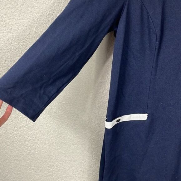 Talbots Navy Blue White Trim Career Office Dress Mod Retro 3/4 Sleeve Sz 12 - Picture 2 of 10